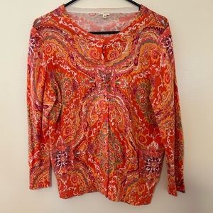 J Crew Factory cotton cardigan in orange and pink paisley.